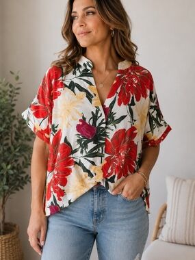 Rachel Roy Medium Tropical Floral Twist Front Linen Blend Oversized Blouse V